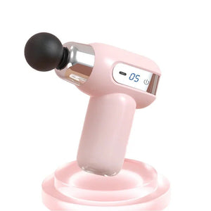 Pink handheld massage gun with digital display on white background