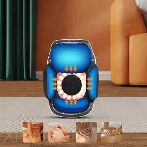 Electric foot massager with blue cushions and massage rollers, shown in a living room setting