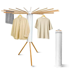 Collapsible tripod wooden clothes drying rack with shirts and towel, white background