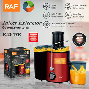 RAF Juicer Extractor R.2817R in red and black on kitchen counter, orange juice pouring, product box, features highlighted