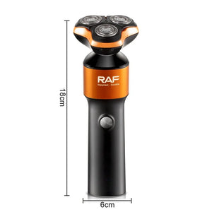 RAF electric shaver with rotary blades, black and orange body, 18cm tall, 6cm wide