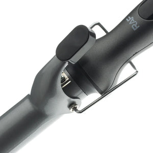 Close-up of black curling iron barrel with clamp and RAF branding on handle