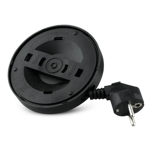 Black electric kettle base with European plug on white background