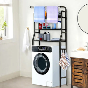 Laundry room with washing machine, black over washer storage rack, shelves holding towels and detergent.