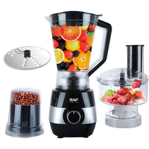 RAF blender and food processor set with fruits, coffee beans, and meat, kitchen appliance