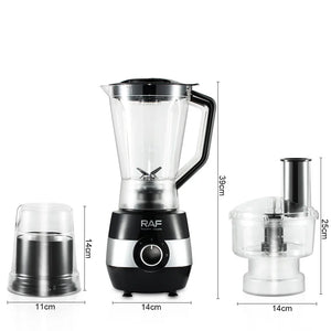 RAF blender with grinder and food processor attachments, size measurements displayed
