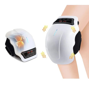 White knee massager with digital controls and heat therapy on a person's knee