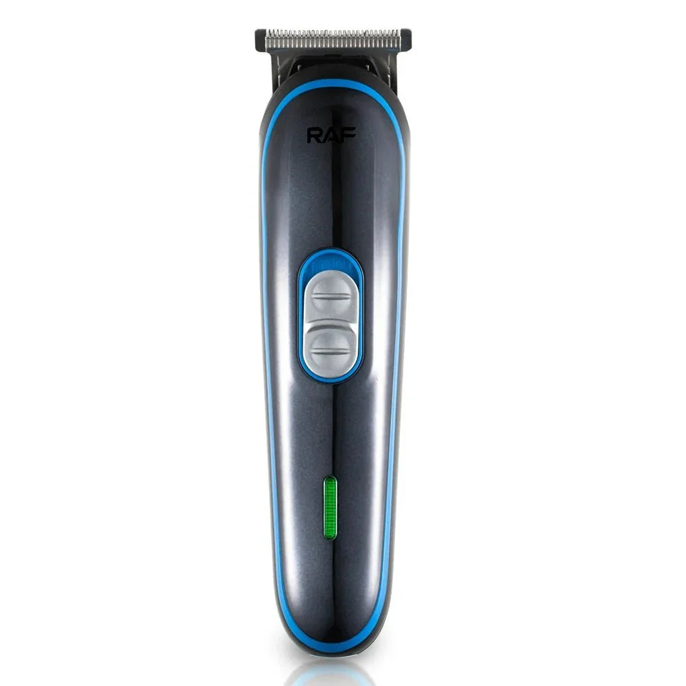RAF electric hair trimmer with blue accents and LED indicator, front view