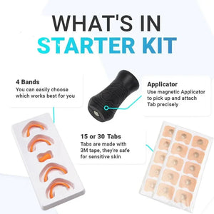 Starter kit contents with 4 orange bands, magnetic applicator, adhesive tabs for sensitive skin