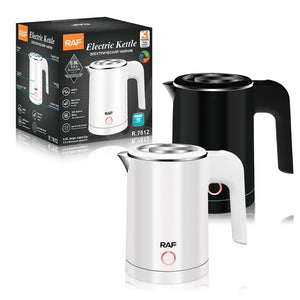 RAF electric kettle in black and white with product box, model R.7812, 0.8L capacity
