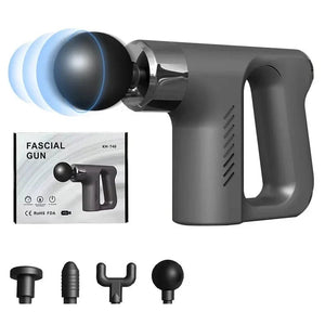 Black handheld massage gun with attachments and packaging, labeled fascial gun KH-740