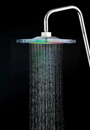 LED square shower head with running water, stainless steel design, black background