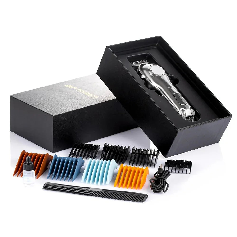Hair trimmer kit with attachments, comb, oil, and charging cable in black gift box.