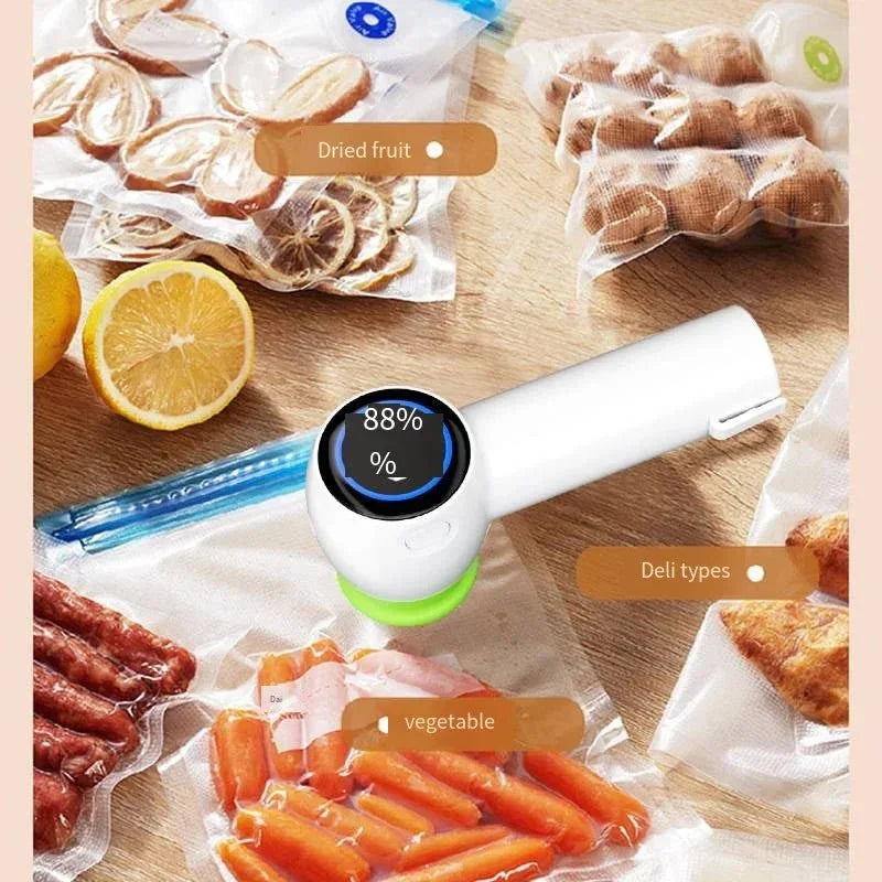 Vacuum sealer device sealing bags of dried fruit, deli, and vegetables on wooden table