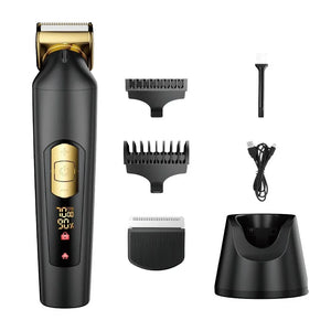 Black cordless hair clipper kit with gold accents, trimmer guards, charging base, USB cable