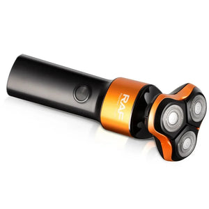 RAF electric rotary shaver with orange and black body, three-blade head on white background
