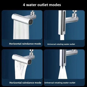 Faucet with four water outlet modes, showing horizontal raindance and universal rotating options.