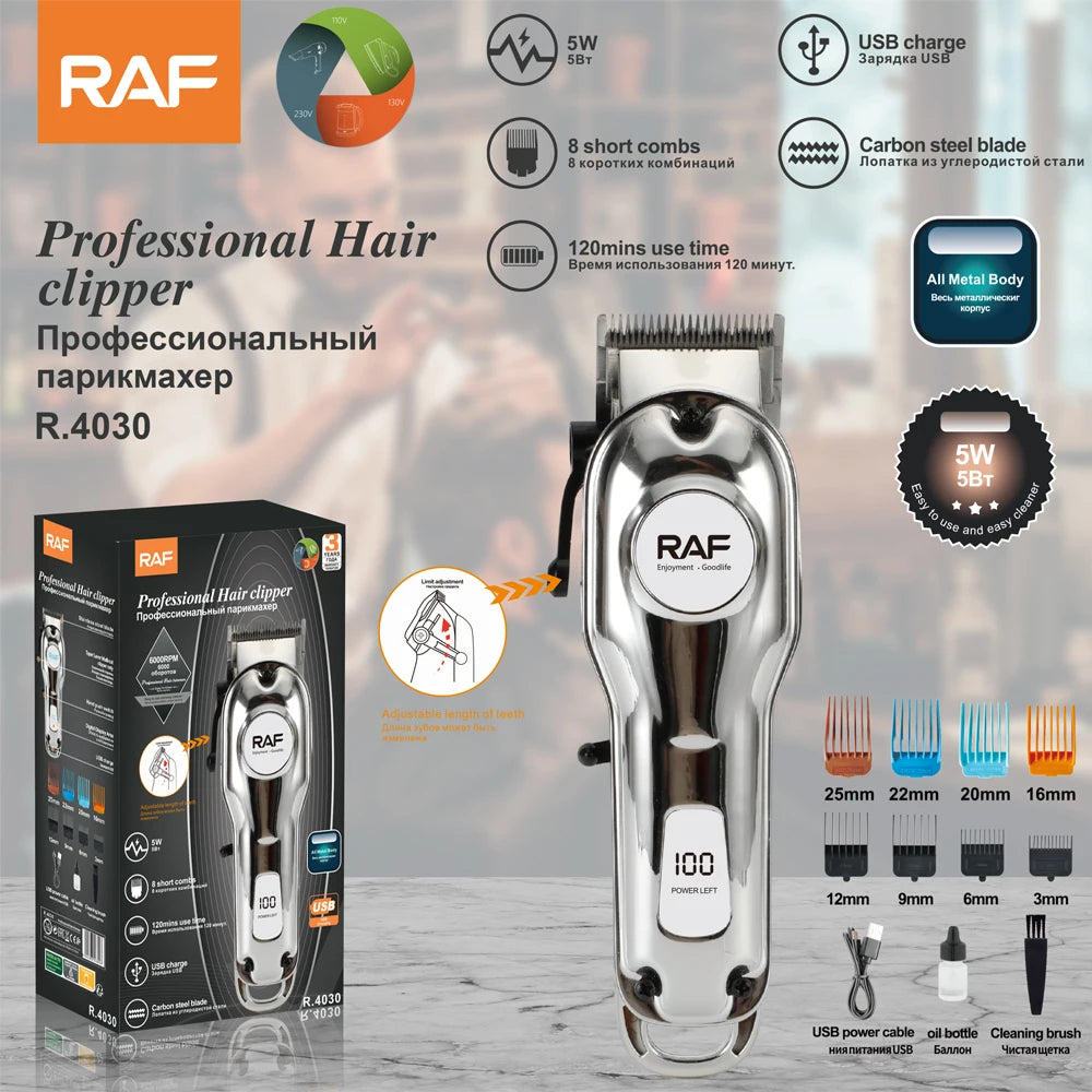 RAF Metal Body Waterproof Professional Hair Trimmer USB Rechargeable Clipper