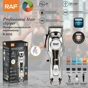 RAF professional hair clipper R.4030 with USB charge, carbon steel blade, 8 combs, digital display