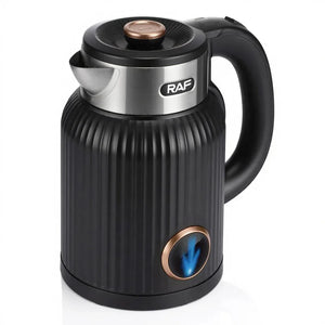 Black RAF electric kettle with ribbed body, large handle, and metallic accents