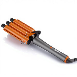 Triple barrel orange and black hair curling iron with RAF branding on white background