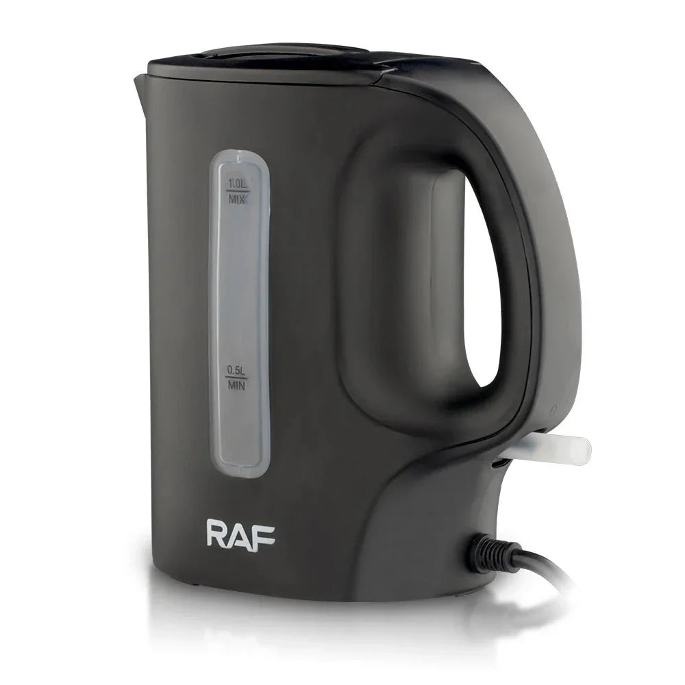 Black RAF electric kettle with water level indicator and power cord, white background