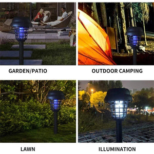 Outdoor solar bug zapper lamp used in patio, camping, lawn, and garden night settings