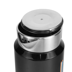 Stainless steel tea infuser bottle with strainer lid and black exterior