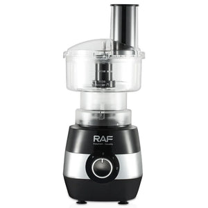 RAF black and silver electric food processor with clear mixing bowl and control dial