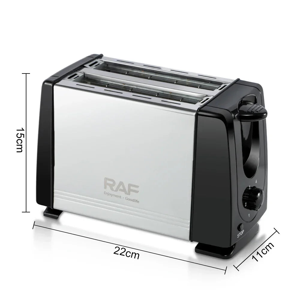 RAF two-slice toaster with black and silver design, adjustable dial, and size measurements 22x15x11cm.