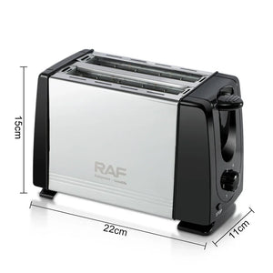 RAF two-slice toaster with black and silver design, adjustable dial, and size measurements 22x15x11cm.
