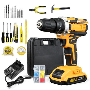 Cordless power drill tool kit with case, charger, drill bits, screwdriver set and accessories