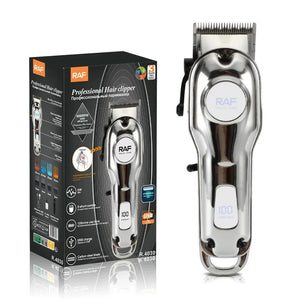 RAF professional hair clipper with digital display and product box, stainless steel body