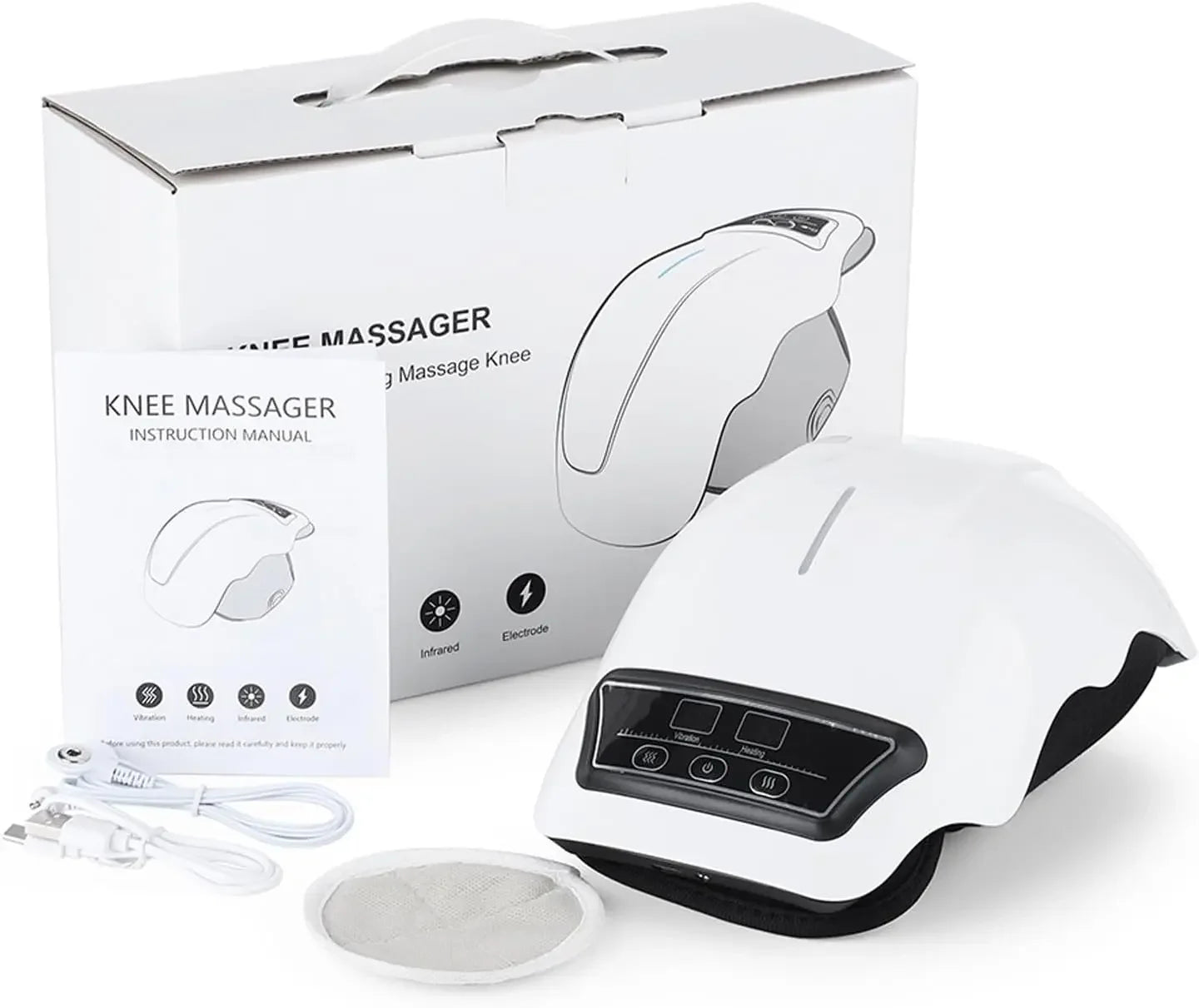 Knee massager device with digital display, box, manual, cables, and electrode pad