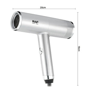 RAF silver hair dryer with dimensions 20cm by 19cm, modern design