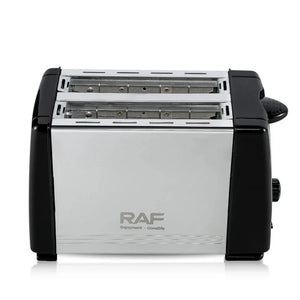 RAF stainless steel 2-slice toaster with black accents, kitchen appliance, front view