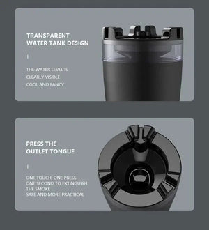 Black portable ashtray with transparent water tank and pressable outlet tongue design