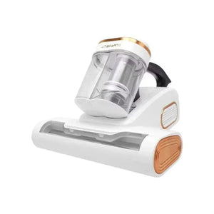 White handheld vacuum cleaner with gold accents on a white background