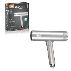 RAF silver hair dryer with box, modern design, 1800W, professional hair styling tool