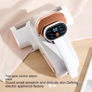White handheld vacuum cleaner with digital display, on wooden table, next to fabric mat