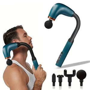 Man using handheld neck massager with multiple attachment heads on white background