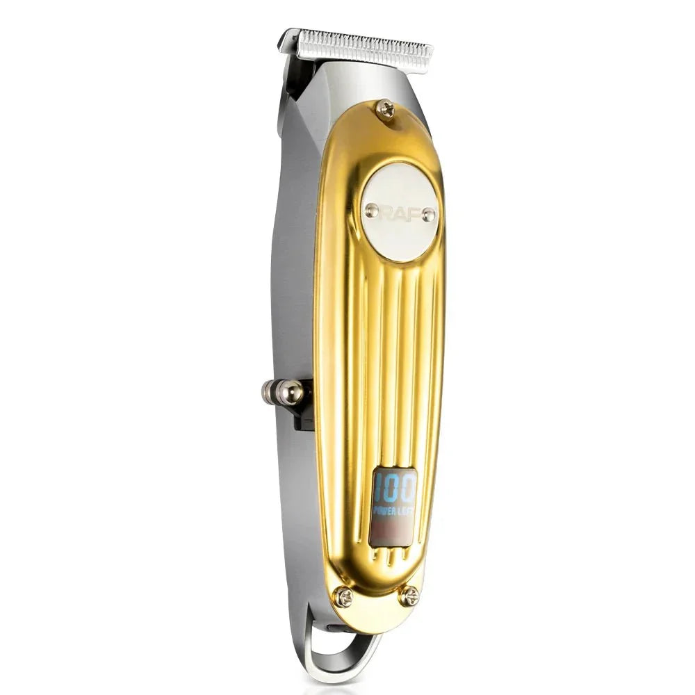 Gold and silver hair trimmer with digital display on white background