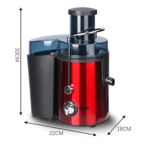Red RAF electric juicer with measurements 33cm x 22cm x 16cm, countertop appliance