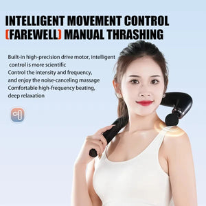 Woman using intelligent neck and shoulder massager, text highlights noise-canceling massage