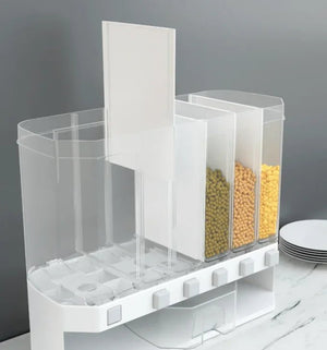 Multi-section kitchen cereal dispenser with clear containers and portion control knobs