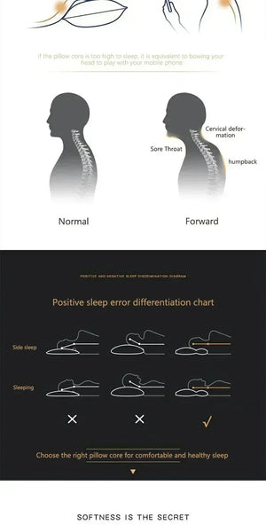 Diagram showing pillow height impact on neck posture, spine alignment, and sleep quality.