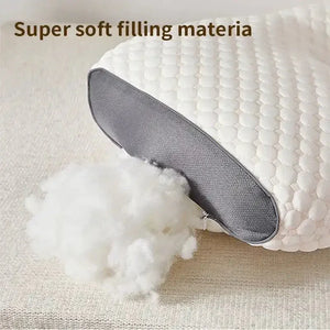 Super soft pillow filling with white fluffy material on textured white fabric