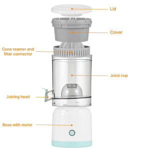 Electric juicer parts labeled: lid, cover, cone reamer, filter, juice cup, juicing head, base with motor