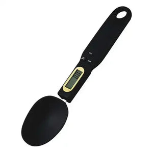Black digital spoon scale with LCD display and control buttons on handle