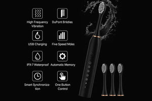 Black electric toothbrush with USB charging, DuPont bristles, five modes, and waterproof features.